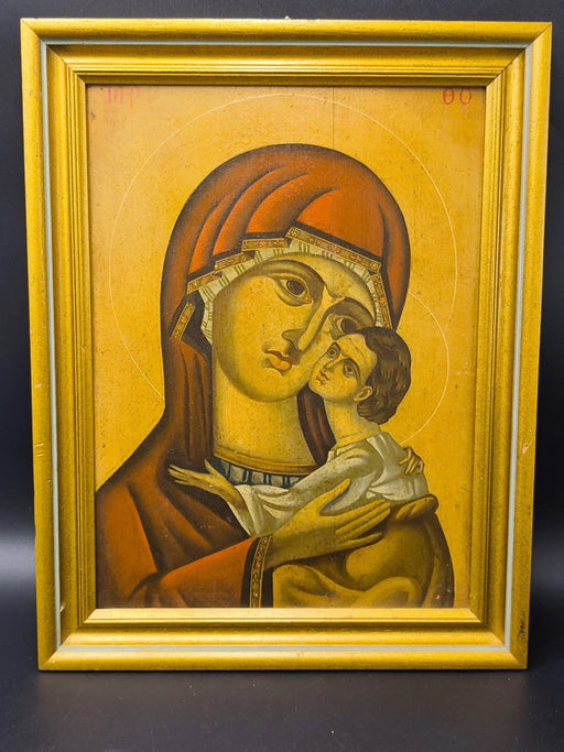 Rare Antique Greek Orthodox Icon | Virgin Mary Child Jesus | Framed Vintage Art
