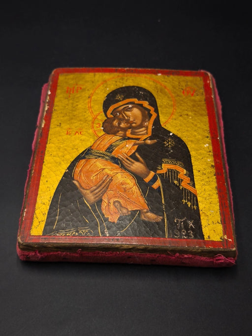 Rare 1923 Hand Painted Antique Greek Byzantine Icon Virgin Mary & Child Wood