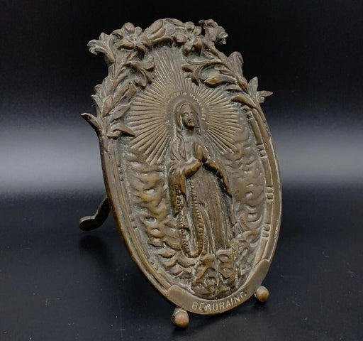 RELIGIOUS BEAURAING BRONZE ICON METAL ANTIQUE BELGIUM OUR LADY LOURDES 7.8"⭐