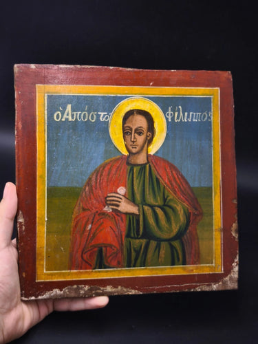 19th Antique Century Greek Orthodox Icon Apostle Philip Hand Painted Wood