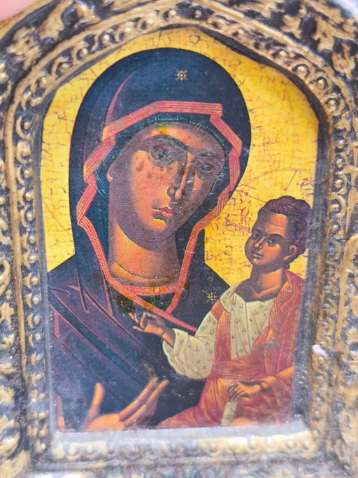 Vintage Greek Orthodox Diptych Folding Icon St Spyridon Virgin Mary Child Travel