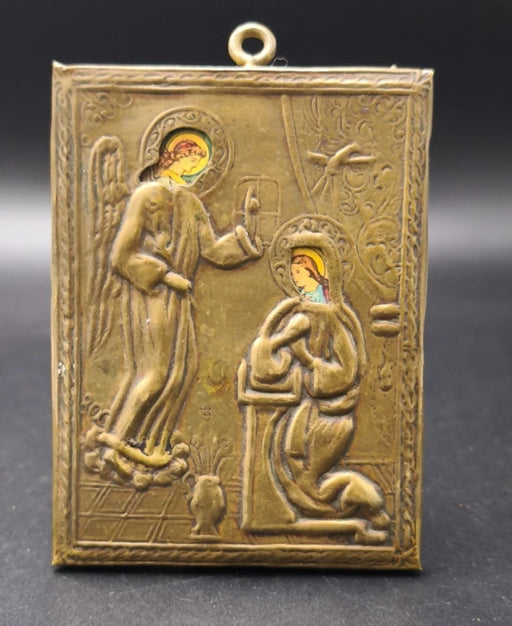 Antique Annunciation Icon Embossed Brass Relief Plaque Virgin Mary Gabriel