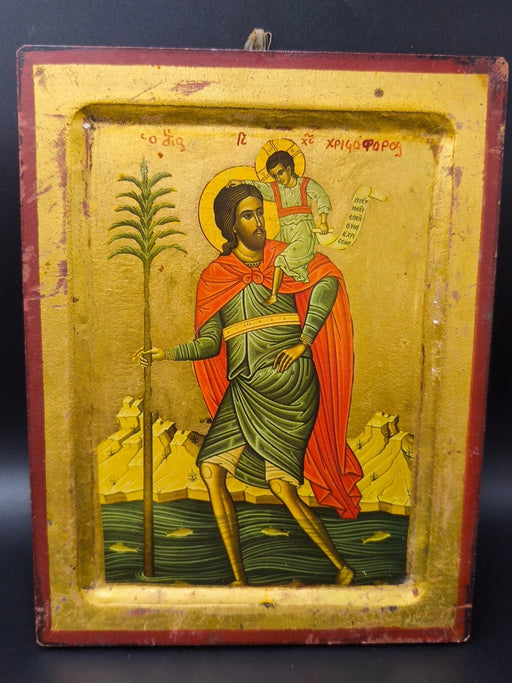 Vintage Saint Christopher Wood Icon Gold Leaf Greek Byzantine Orthodox