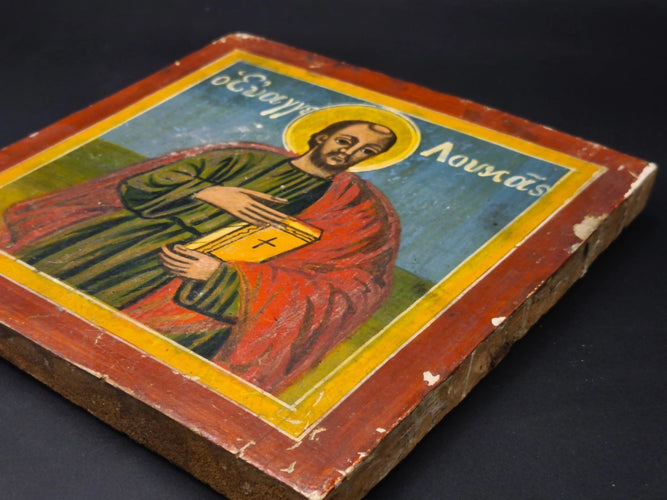 Antique 19th C. Greek Orthodox Icon Saint Luke Evangelist Hand Painted Wood