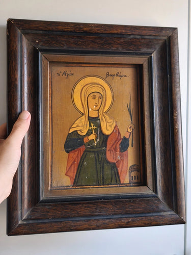Antique Hand Painted Greek Orthodox Icon Saint Barbara Wood Panel Framed 1924