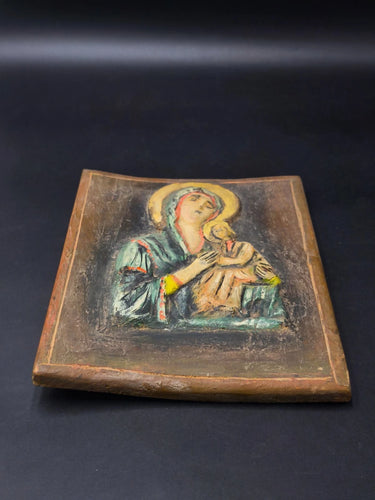 Vintage Handmade Relief Icon Madonna & Child Virgin Mary Wall Plaque Wood Base