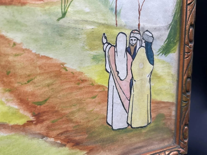 Antique Flemish Religious Watercolor Painting on Paper | Painted Calvary Crucifixion Scene with Handwritten Provenance Backing, Folk Art Wall Decor⭐