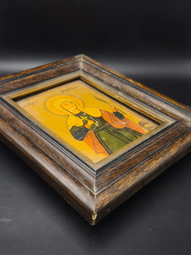 Antique Hand Painted Greek Orthodox Icon Saint Barbara Wood Panel Framed 1924