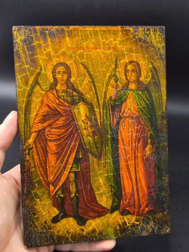 Vintage 1990 Greek Orthodox Icon Archangels Michael & Gabriel Lithograph on Wood