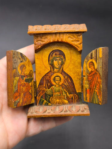 Antique Wooden Triptych Miniature Icon Virgin Mary Christ