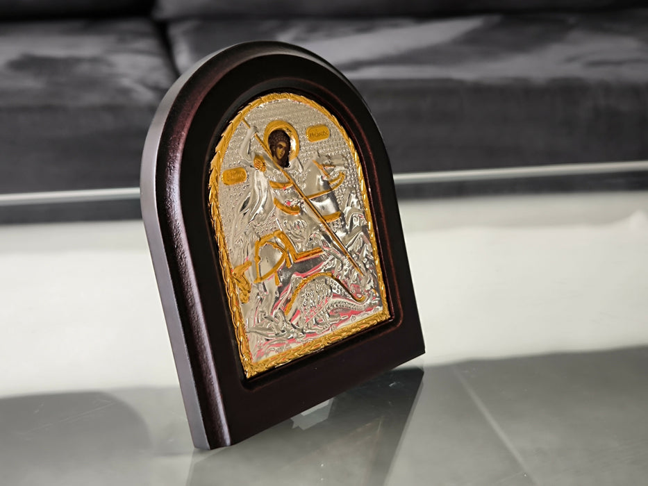 Saint George Icon 5.51" Silver 950° Religious Wood Handicraft Christianity