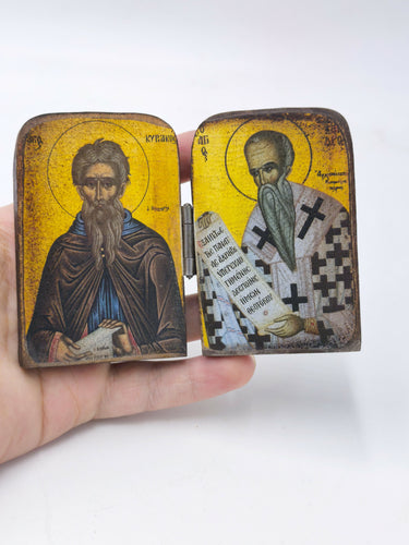 Vintage Handmade Wooden Diptych Icon – Saint Spyridon & Saint Kyriakos – Orthodox Christian Pocket Folding Travel Icon – Byzantine Religious Art