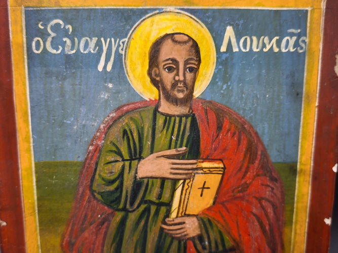 Antique 19th C. Greek Orthodox Icon Saint Luke Evangelist Hand Painted Wood