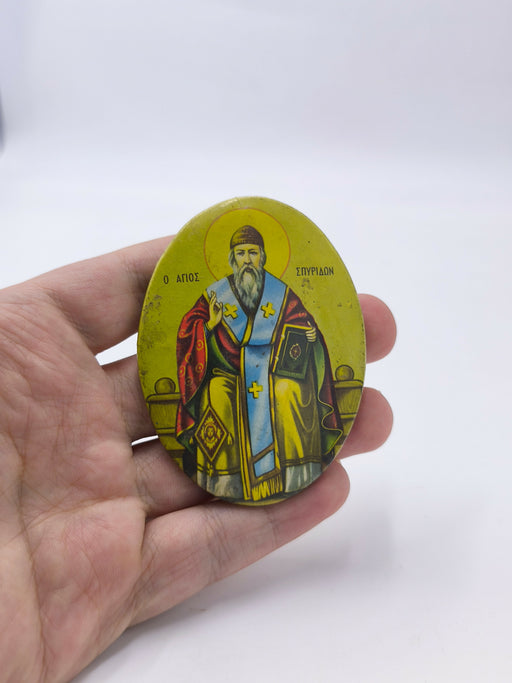 Vintage Saint Spyridon Greek Orthodox Plaque Oval Religious Icon Small Wall Hanging Metal Plaque Christian Decor 2.95x2.20 inch