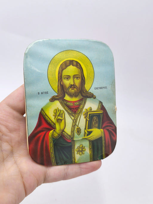 Vintage Greek Orthodox Saint Eleftherios Icon Plaque, Metal Religious Decor, Saint Eleftherios Metal Plaque 4.7x3.5"