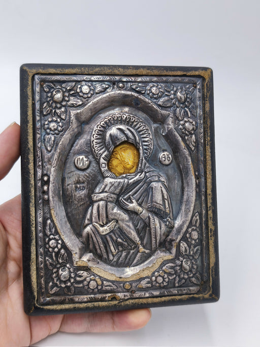 Vintage 950 Silver Byzantine Icon Virgin Mary & Child Madonna Wooden Plaque, Religious Wall Art Orthodox Christian Home Decor Gift