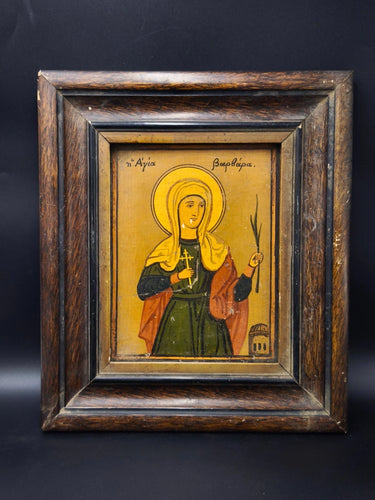 Antique Hand Painted Greek Orthodox Icon Saint Barbara Wood Panel Framed 1924