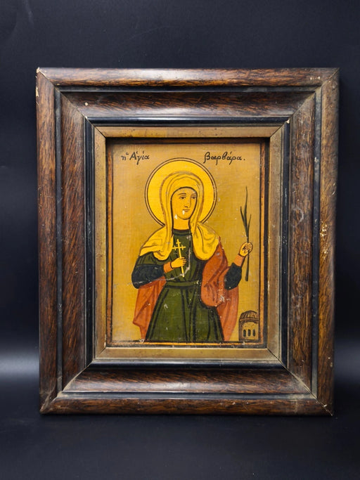 Antique Hand Painted Greek Orthodox Icon Saint Barbara Wood Panel Framed 1924