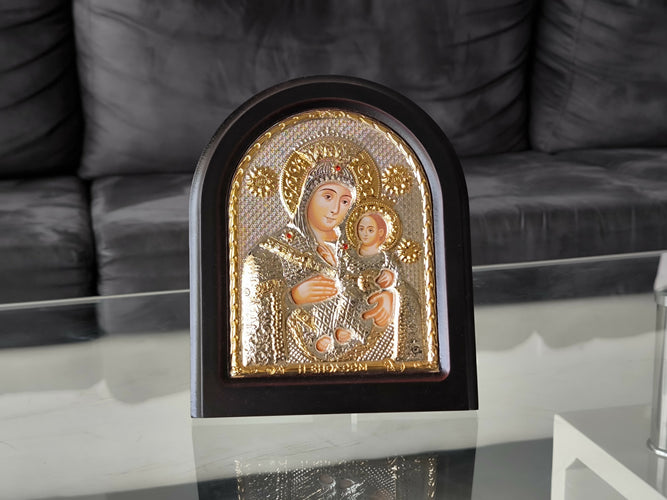 Icon Virgin Mary Bethlehem 5.51 "Jesus Silver 950° Byzantine Wood Handicraft