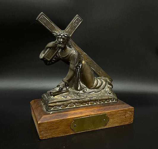 Vintage Bronze Tone Jesus Carrying Cross Figurine Sculpture Made in Belgium 6.7" 38oz