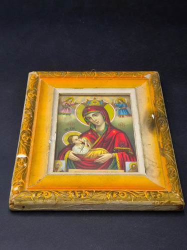 Antique Chromolithograph Icon Panagia Galaktotrophousa Nursing Virgin Mary Frame