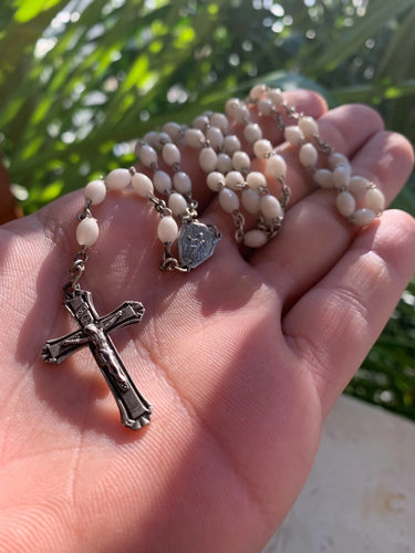 Vintage White Silver Rosary Mother-of-Pearl White Oblong Beads 1920s France †⭐