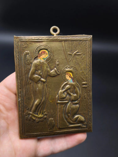 Antique Annunciation Icon Embossed Brass Relief Plaque Virgin Mary Gabriel