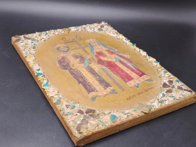 LARGE ANTIQUE HAND-PAINTED GREEK ORTHODOX ICON SAINTS CONSTANTINE & HELEN