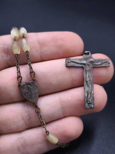 Vintage Mother of Pearl Rosary Necklace 18.5" Brass Crucifix 1.2" x 1" 12g / 0.4