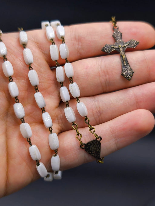 Vintage White Opaline Glass Rosary Beads 20g Religious Prayer Necklace