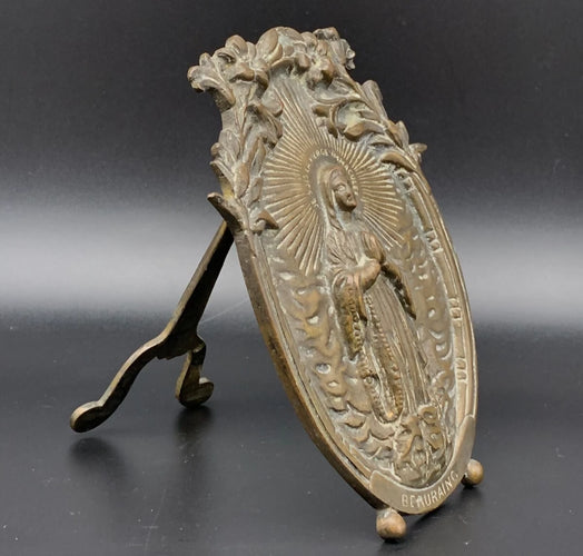 RELIGIOUS BEAURAING BRONZE ICON METAL ANTIQUE BELGIUM OUR LADY LOURDES 7.8"⭐