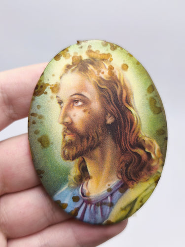 Vintage Jesus Christ Oval Desk Frame Icon | Small Catholic Religious Stand Plaque | Sacred Heart Portrait Keepsake | Christian Home Altar