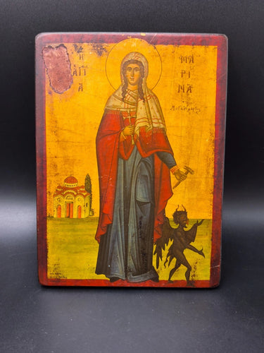 Handmade Vintage Greek Orthodox Wood Icon St Marina Margaret Museum Replica Distressed