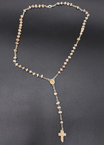 Vintage Natural Stone Rosary Necklace – Virgin Mary & Divine Mercy Medal handmade