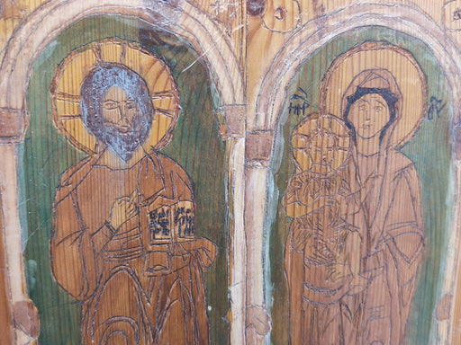 Vintage Wooden Religious Icon Plaque, Hand Carved & Painted Jesus Christ and Virgin Mary with Child Wall Art, Orthodox Christian Home Decor