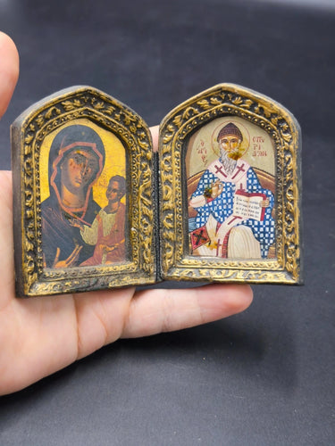 Vintage Greek Orthodox Diptych Folding Icon St Spyridon Virgin Mary Child Travel