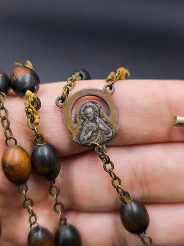 Vintage Italian Wood Rosary Crucifix Mary Sacred Heart Religious Necklace 26in