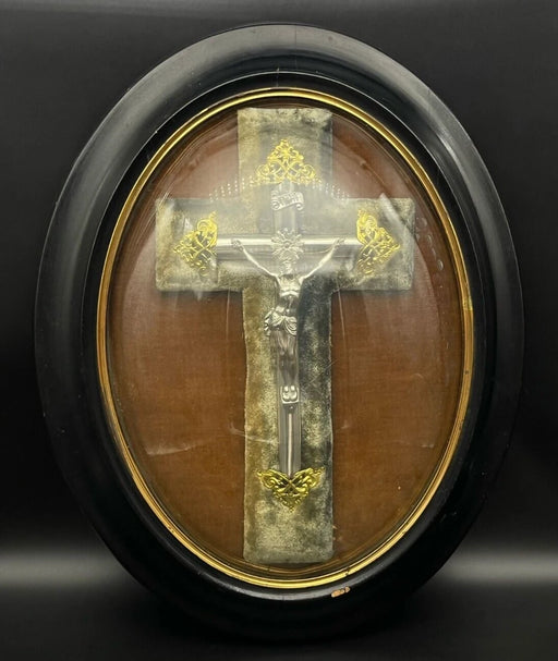 Antique French Oval Shadow Box Crucifix Bullion Velvet Wall Hanging 16" x 13"