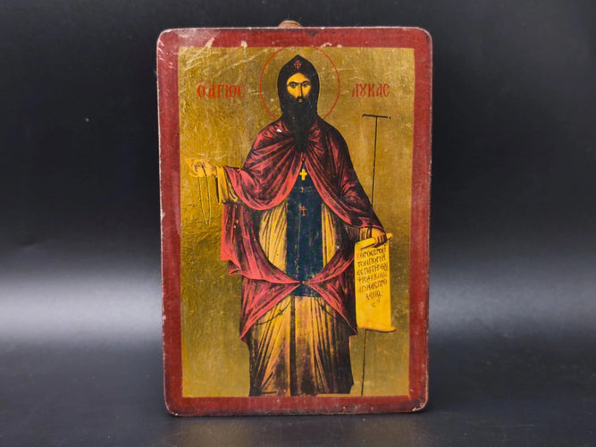 Vintage Byzantine Icon Saint Luke Handcrafted Wood Gold Paper Certificate Greek