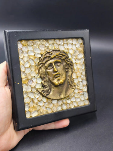 Vintage Jesus Christ Relief Bronze Plaque Natural Quartz Crystal Greek Icon 14cm