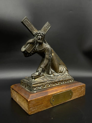 Vintage Bronze Tone Jesus Carrying Cross Figurine Sculpture Made in Belgium 6.7" 38oz