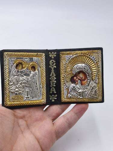 Vintage Greek Orthodox Pocket Diptych Icon Folding Leatherette Travel Icon Book | Virgin Mary Annunciation of Tinos Miniature Shrine