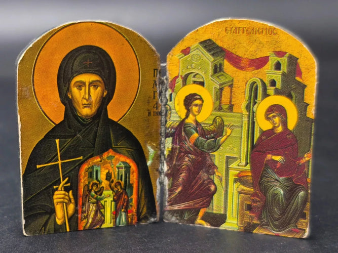 Miniature Vintage Greek Orthodox Pocket Diptych Icon Travel Shrine Annunciation Folding