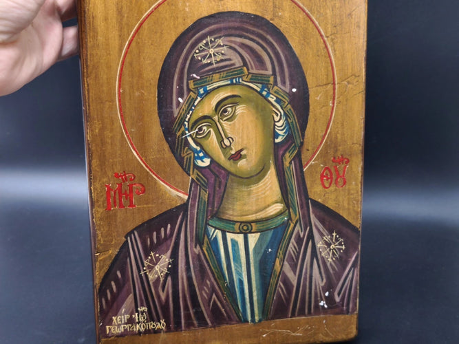 RARE Greek Orthodox Icon Virgin Mary Theotokos HAND SIGNED K. GEORGAKOPOULOS