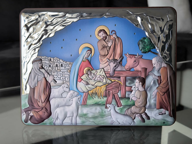 Christmas Nativity Icon 5.51" 950 Silver Italy Handicraft byzantine Christianity