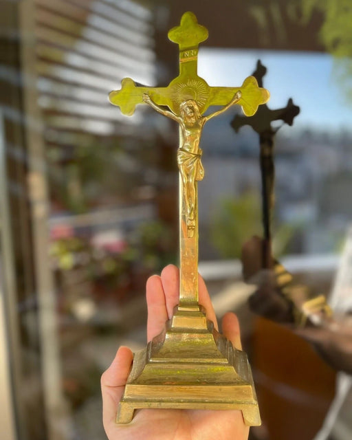 Vintage Brass Standing Crucifix Cross | Heavy Solid Brass Altar Tabletop Cross with Corpus & INRI | Christian Home Decor