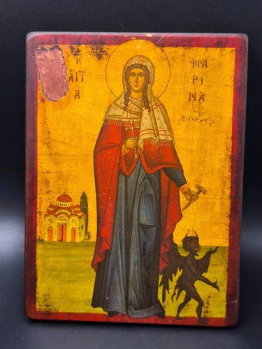 Handmade Vintage Greek Orthodox Wood Icon St Marina Margaret Museum Replica Distressed