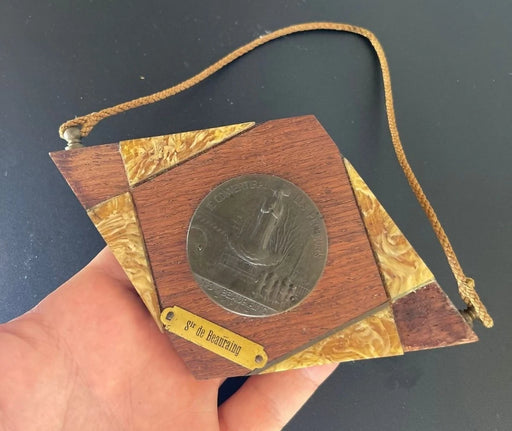 Vintage French Religious Wood Marquetry Wall Hanging - Our Lady of Beauraing