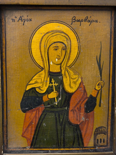 Antique Hand Painted Greek Orthodox Icon Saint Barbara Wood Panel Framed 1924
