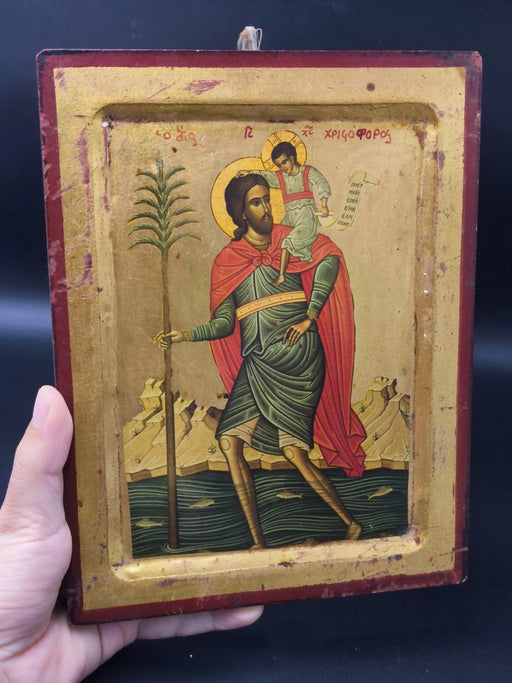 Vintage Saint Christopher Wood Icon Gold Leaf Greek Byzantine Orthodox